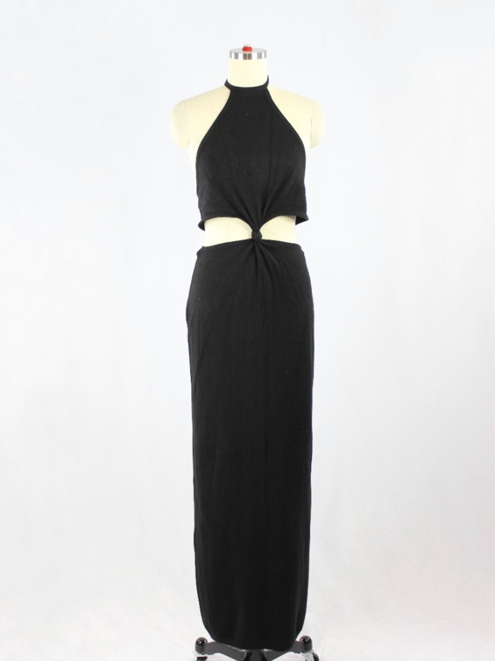 MIOU MUSE East Hampton Black Knit Halter Neck Cut-Out Bodycon Midi Dress, Size L